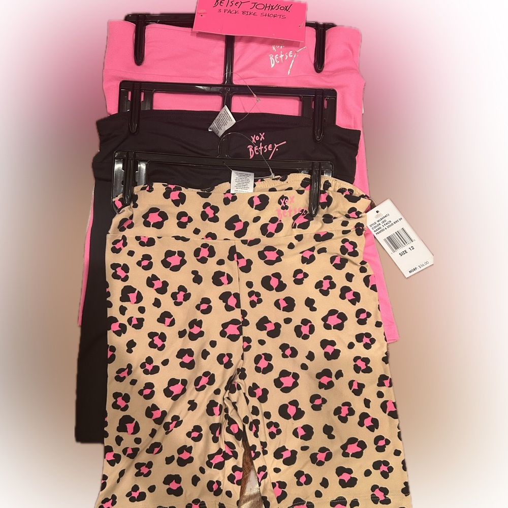 Betsey Johnson Girls active soft bike shorts/Pink, Black/Tan Leopard NWT 12